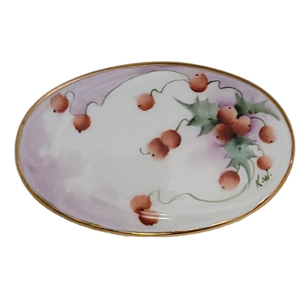 Lindner Porcelain Painted Grape, Vine Brooch, Signed